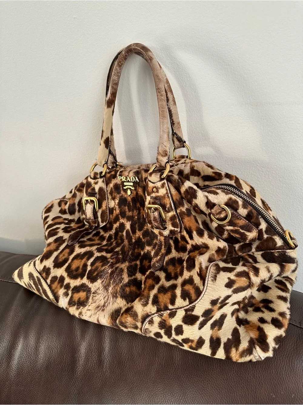 Prada Leopard-Print Calf Hair Satchel - Brown/Black/Beige bag / tote